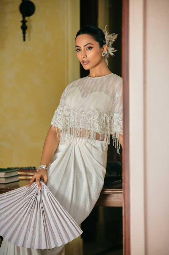 Ivory Corset Cape Saree Set
