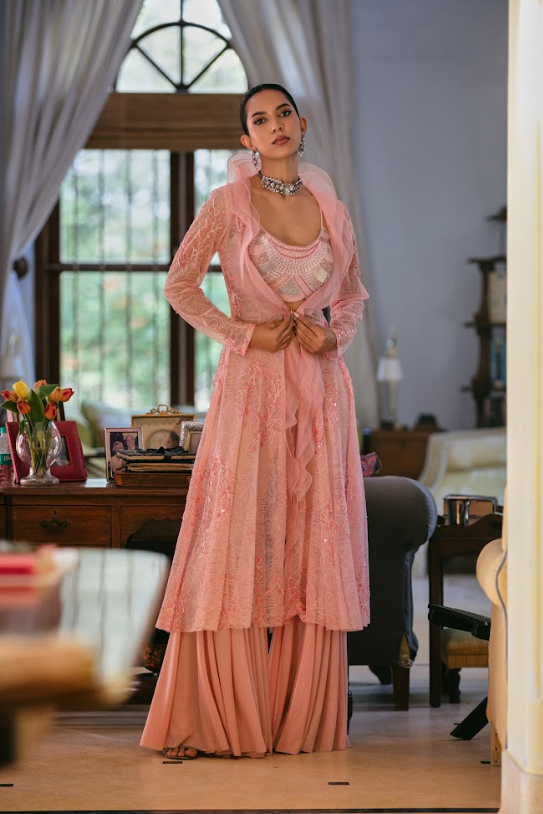 Salmon Ruffle Collar Sharara Set