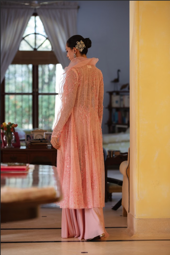 Salmon Ruffle Collar Sharara Set