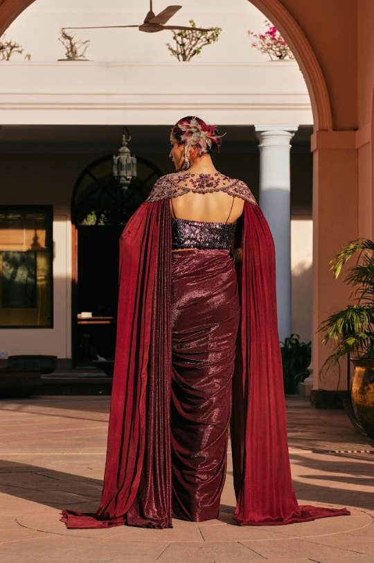 Wine Cape Drape Saree Set