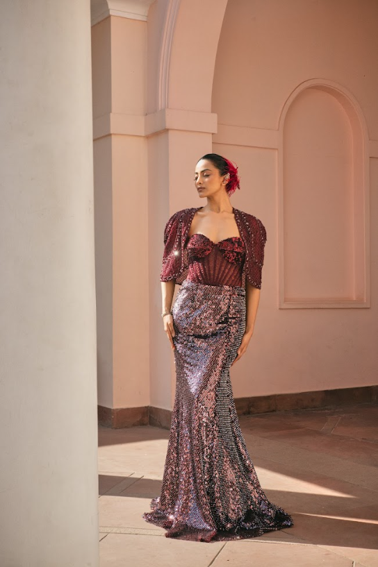 Wine Corset Fishcut Gown with Jacket