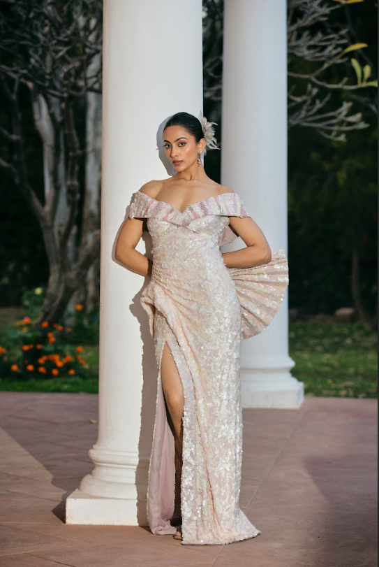 Blush Off-Shoulder Draped Gown