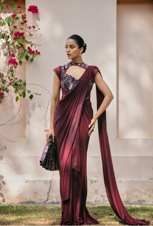 Wine Sculpted Sleeve Saree