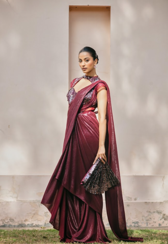 Wine Sculpted Sleeve Saree