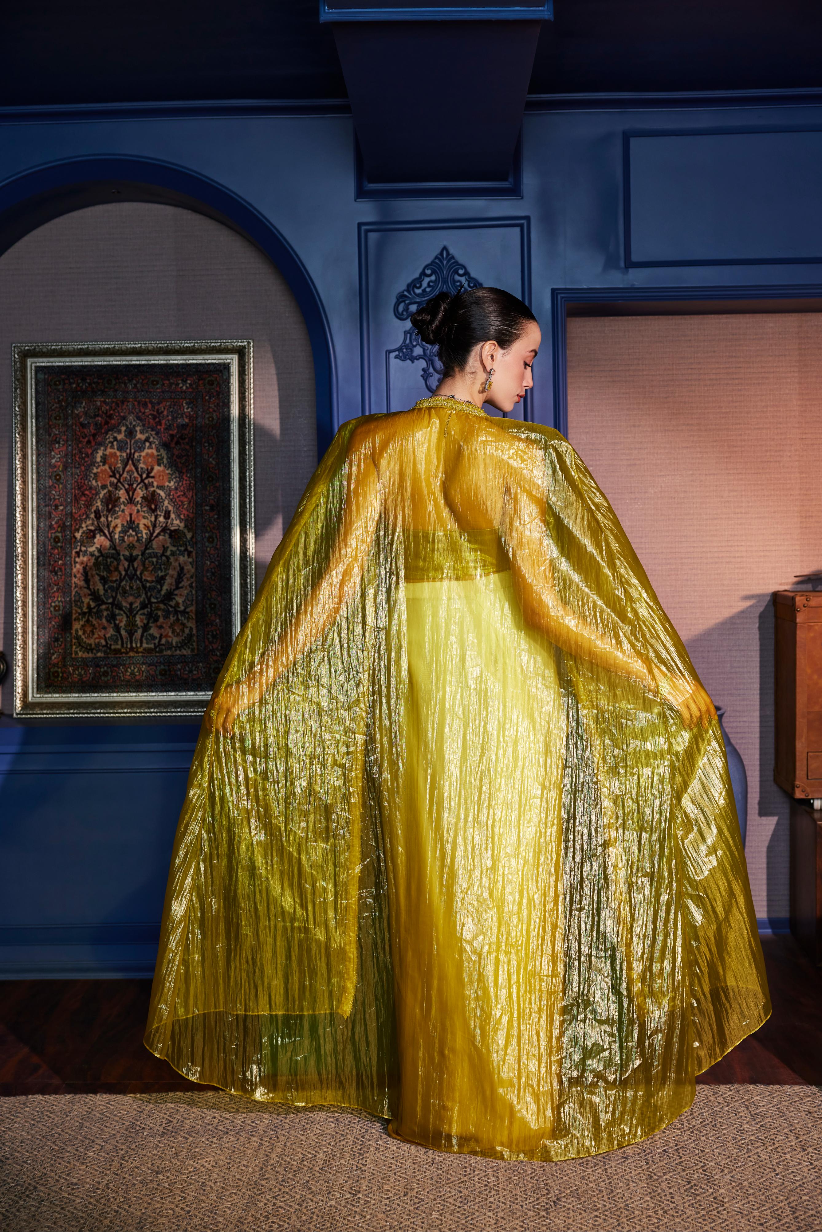 Acid Yellow Corseted Blouse With Ombre Asymmetrical Skirt & Sheer Cape