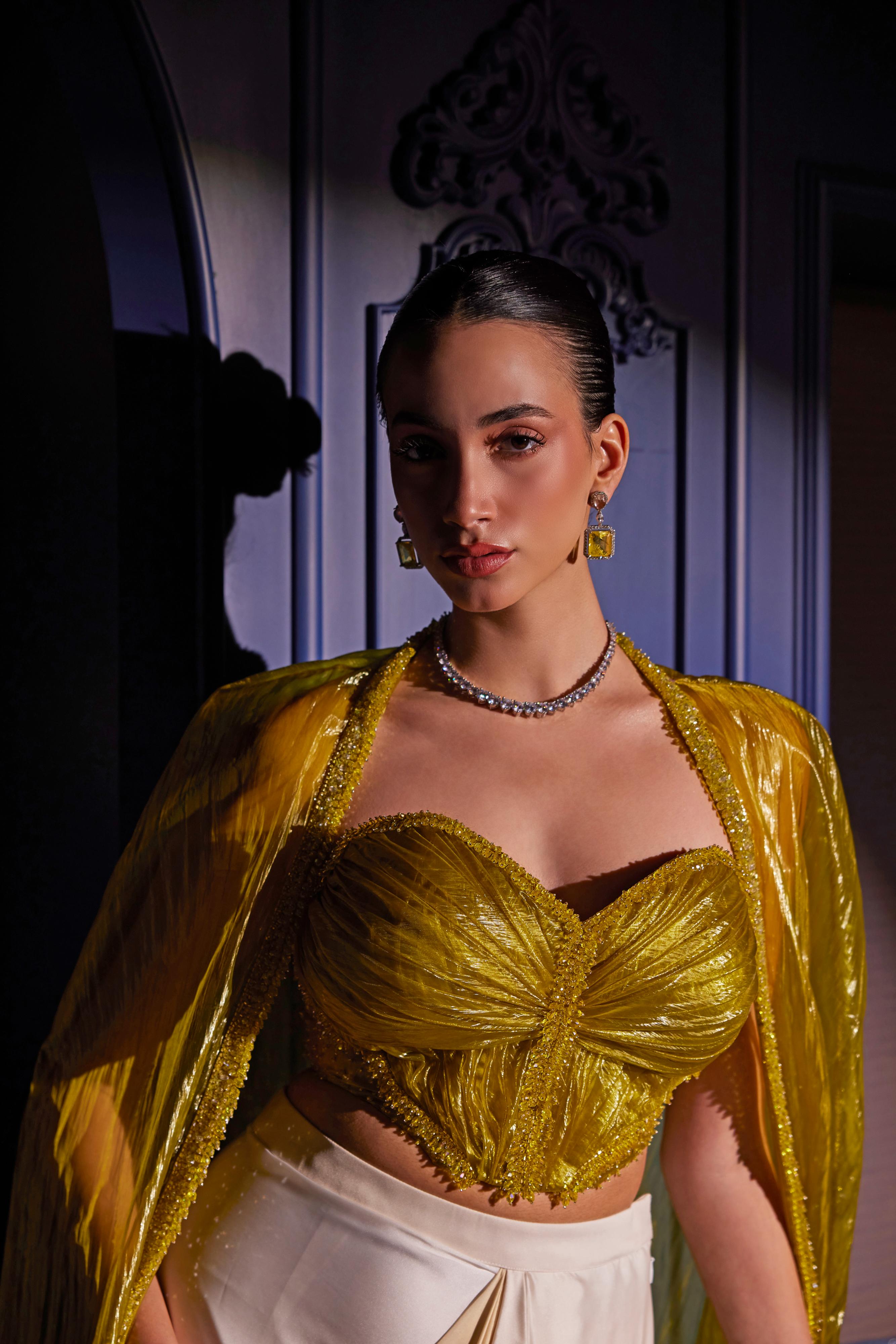 Acid Yellow Corseted Blouse With Ombre Asymmetrical Skirt & Sheer Cape