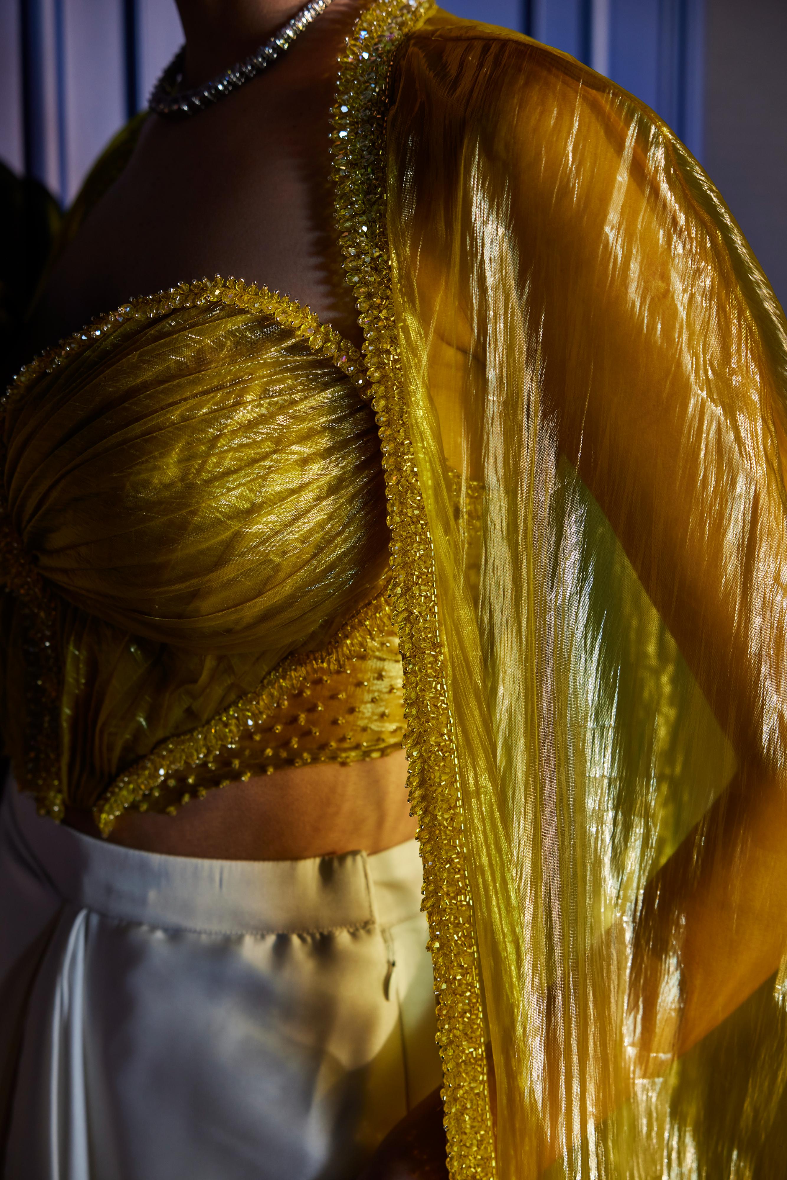 Acid Yellow Corseted Blouse With Ombre Asymmetrical Skirt & Sheer Cape
