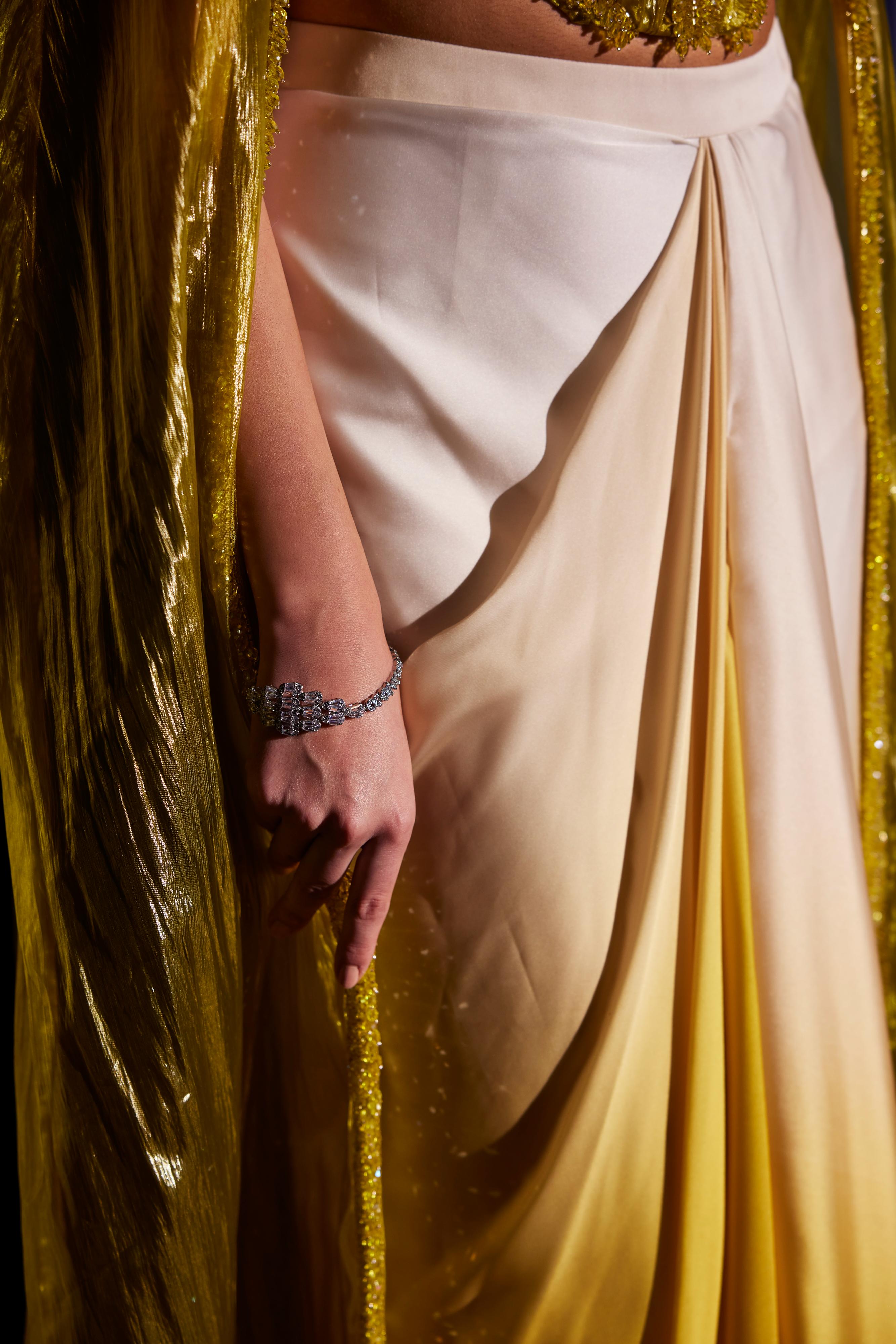 Acid Yellow Corseted Blouse With Ombre Asymmetrical Skirt & Sheer Cape