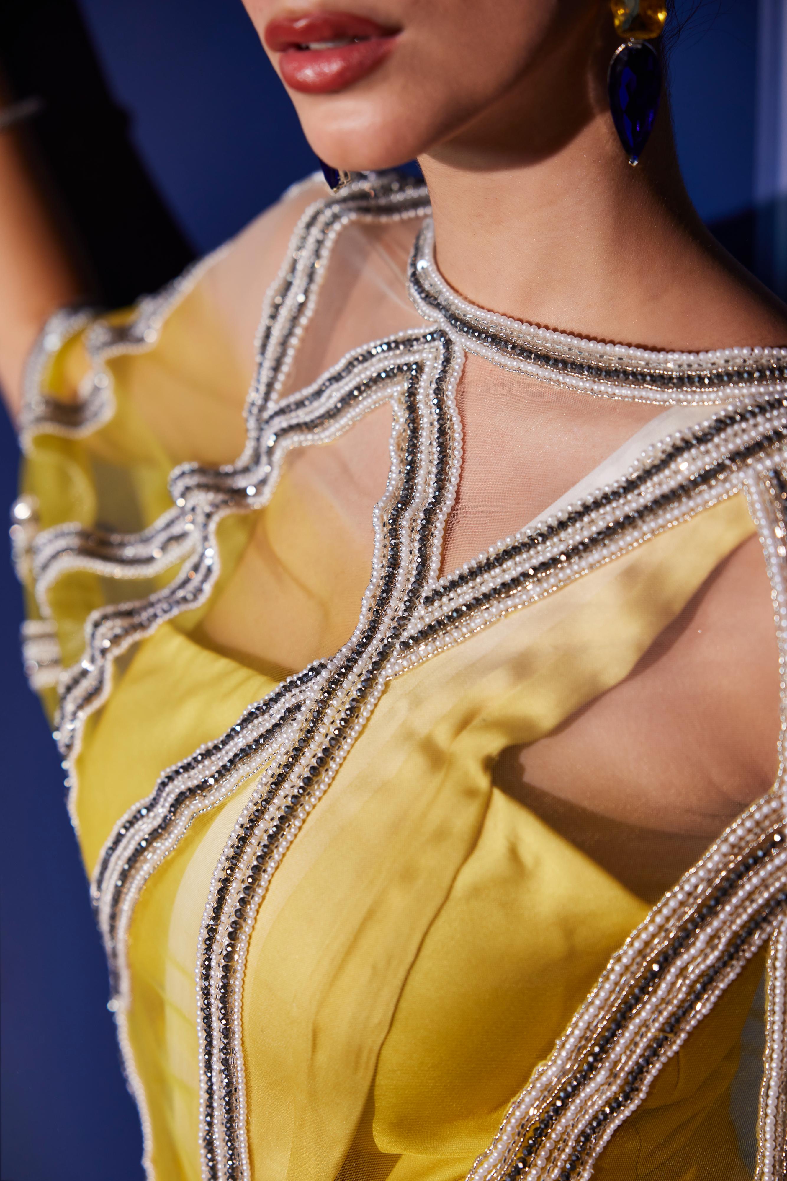 Acid Yellow Ombre Draped Saree Comes With Crystal Embellished Cape