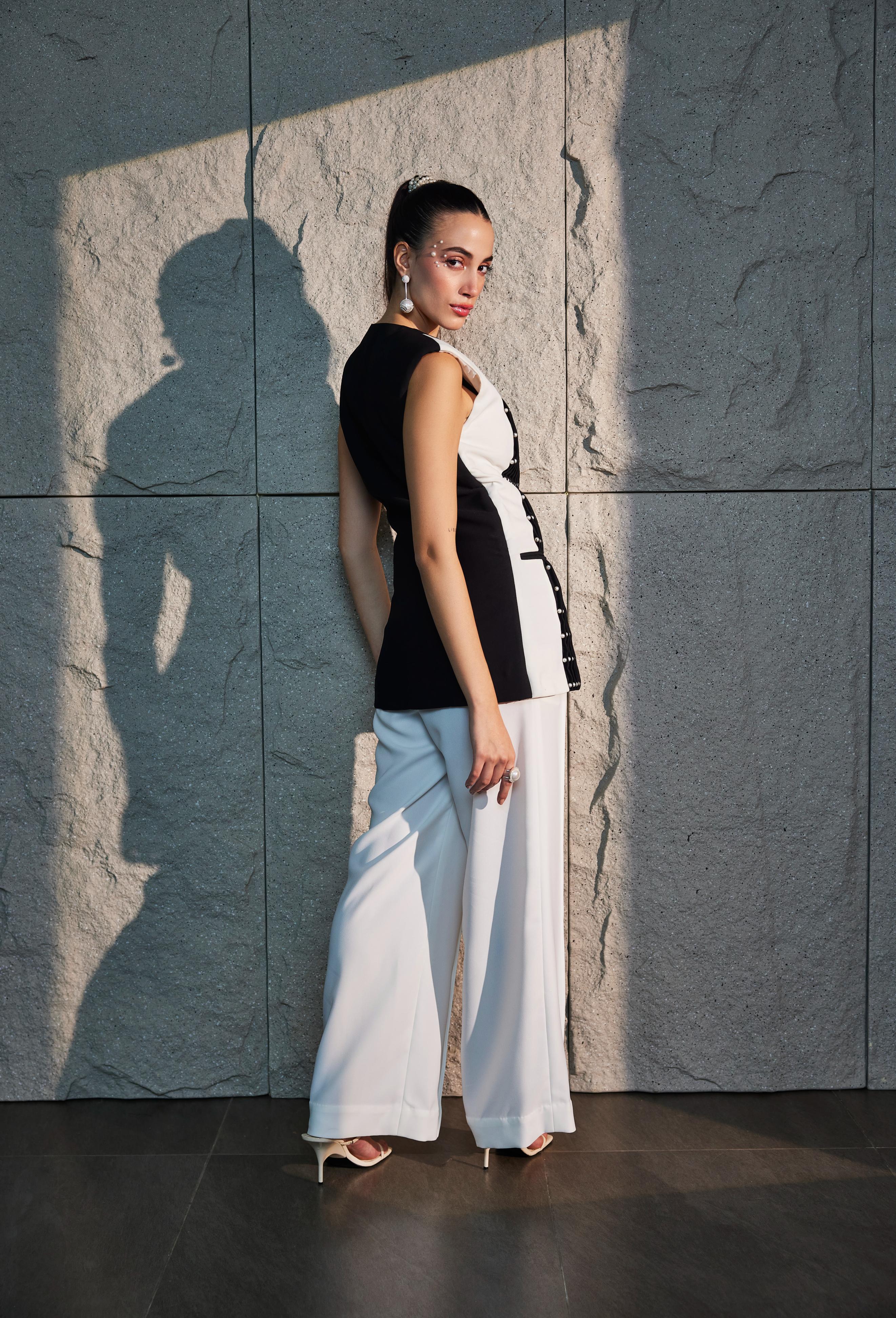 Dual Color V-Neck Pintucked  Jacket & Pant Set