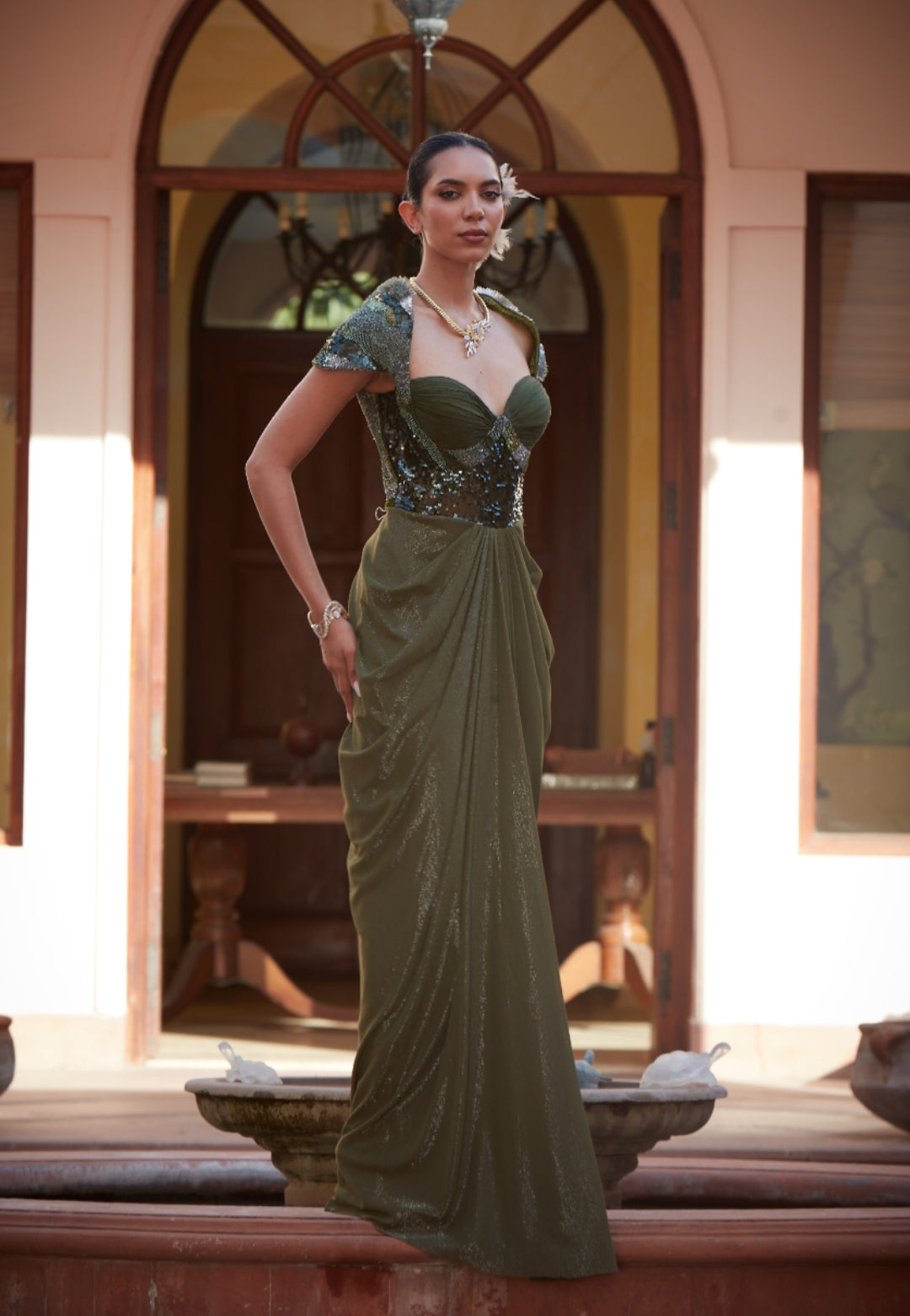 Olive Embroidered Corset Saree