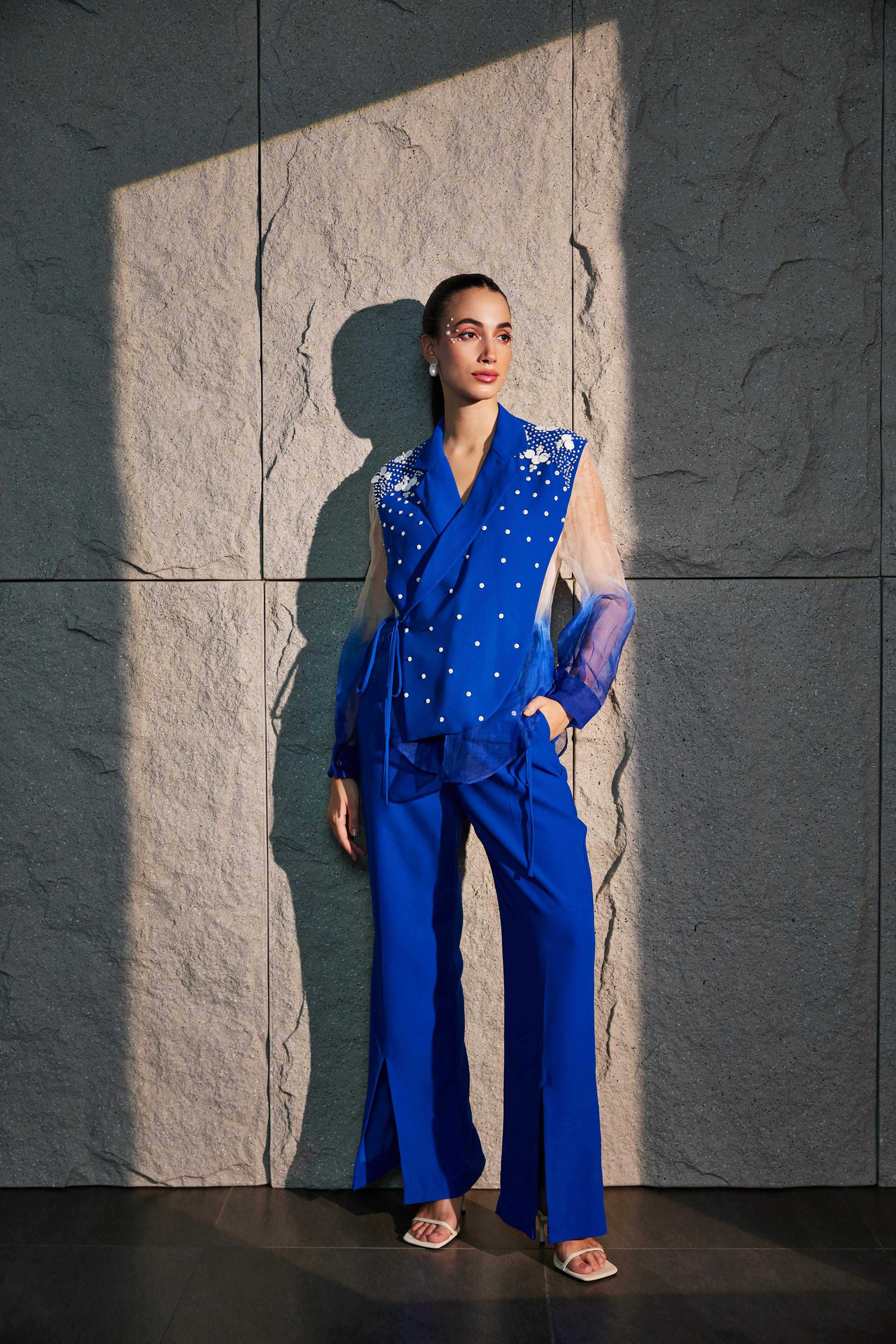 Imperial Blue & Ivory Oversized Waistcoat  Ombre Shirt & Pant Set