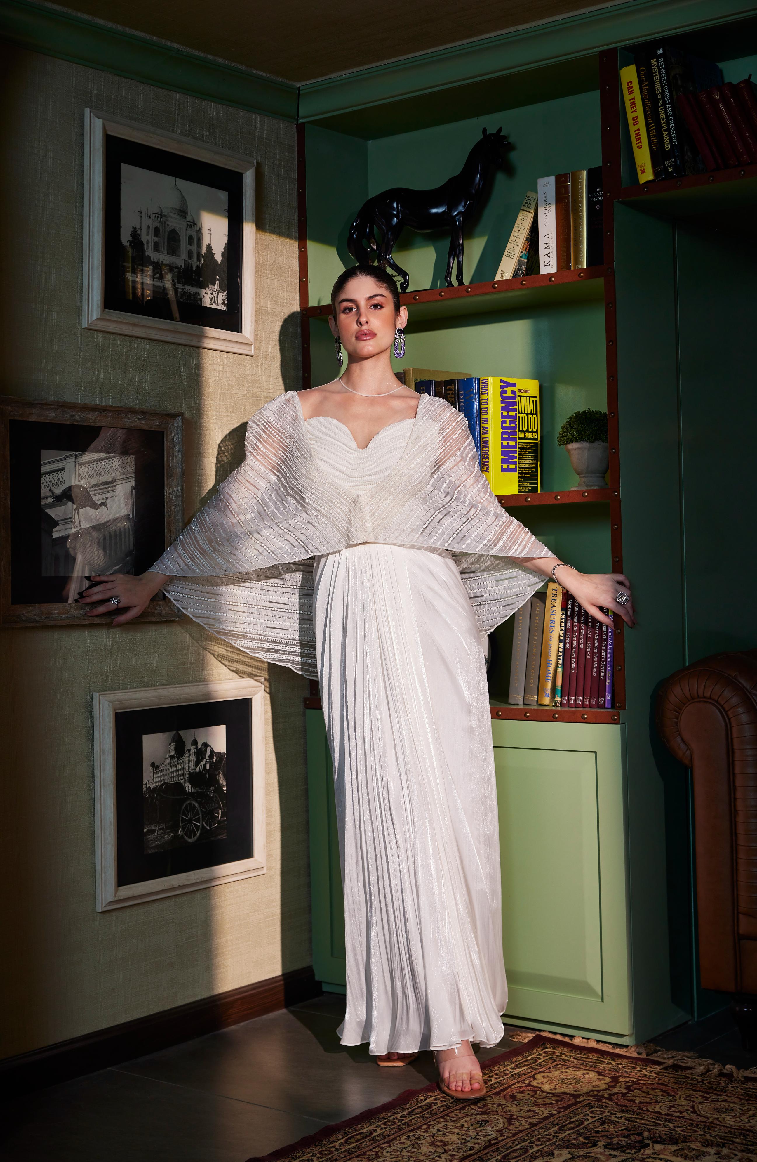 Ivory Draped Sweetheart Neck Saree Comes With Embroidered Cape