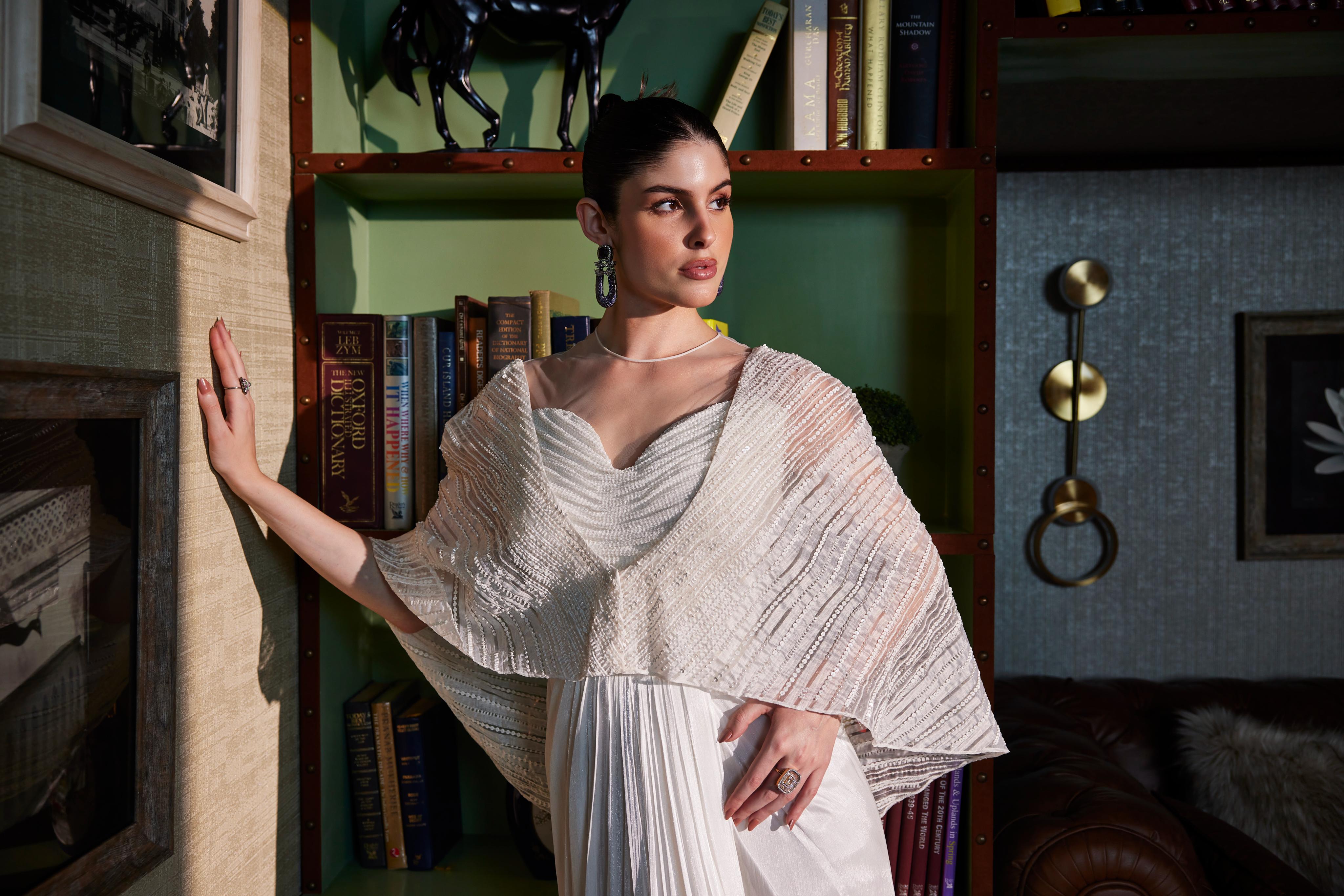 Ivory Draped Sweetheart Neck Saree Comes With Embroidered Cape