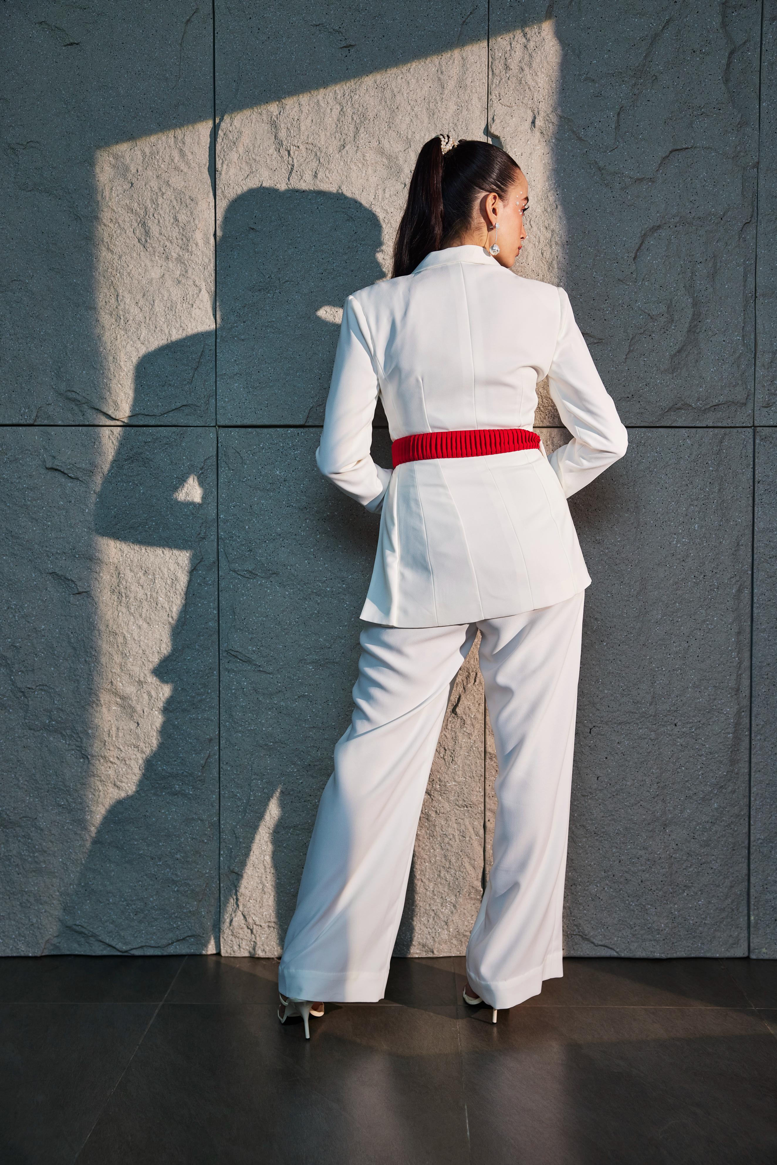 Ivory Formal Blazer With Adjustable  Pintucked Belt