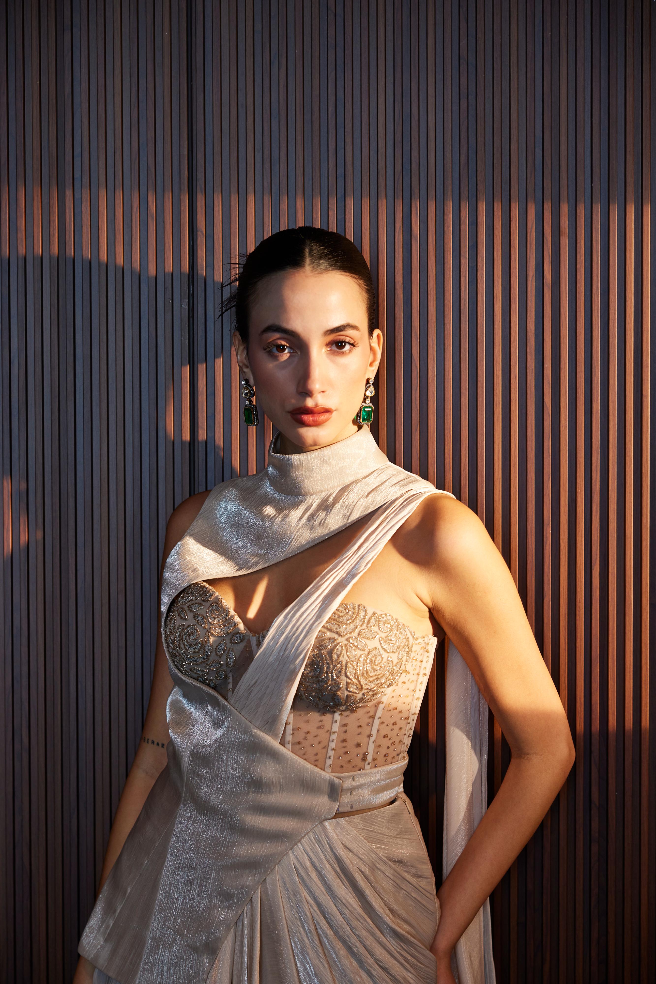 Nude Draped Corset Saree With Cut Out  Jacket