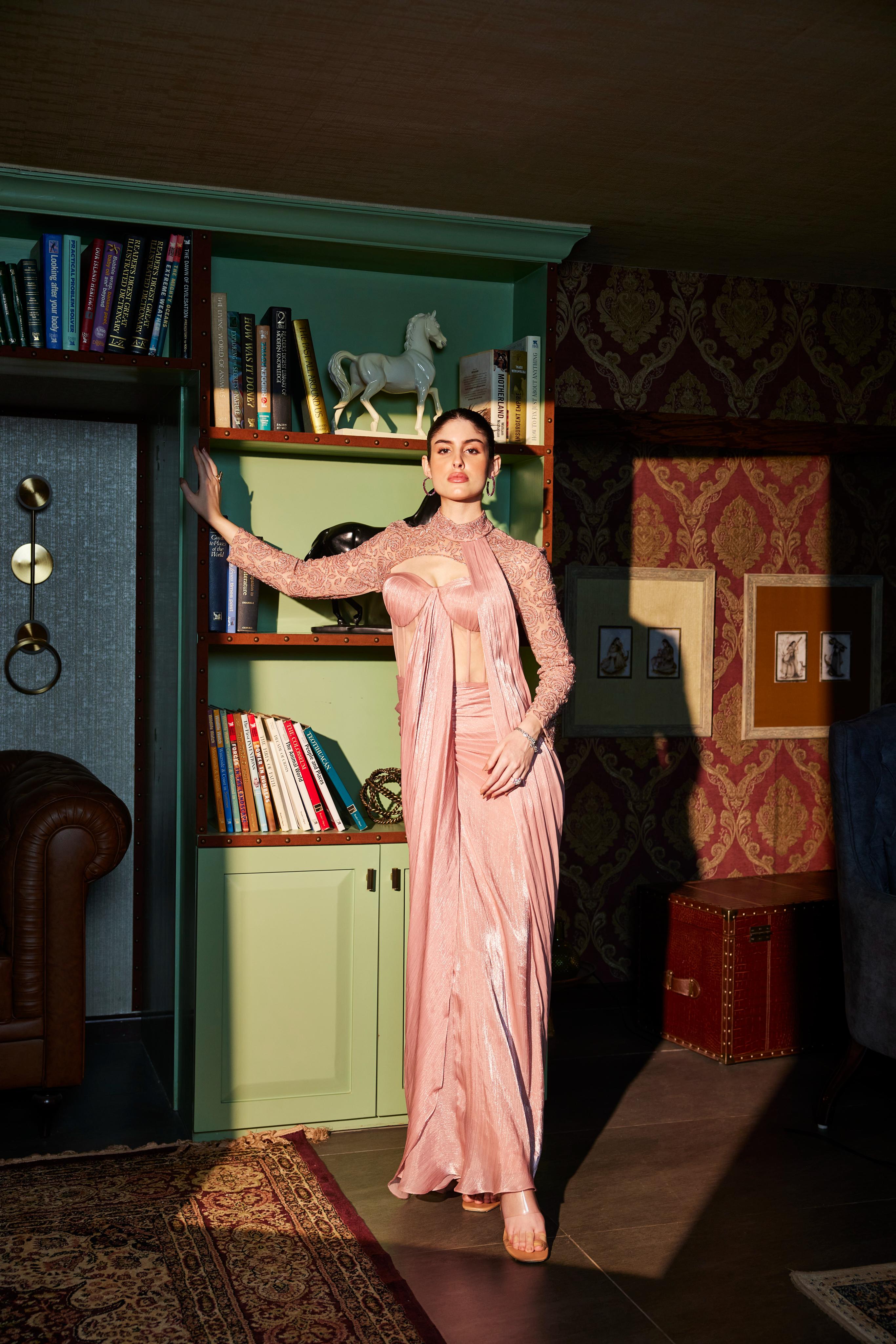 Nude Pink Full Sleeve Corset Draped Embellished Saree