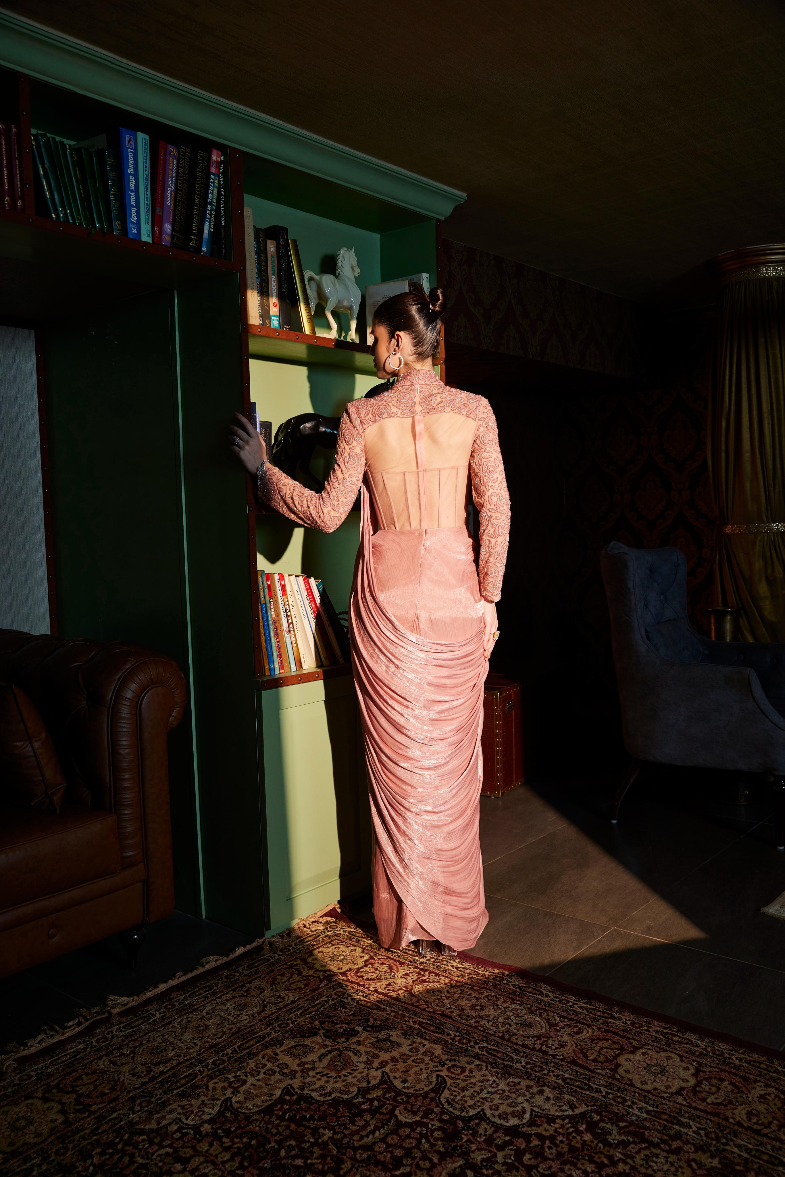 Nude Pink Full Sleeve Corset Draped Embellished Saree