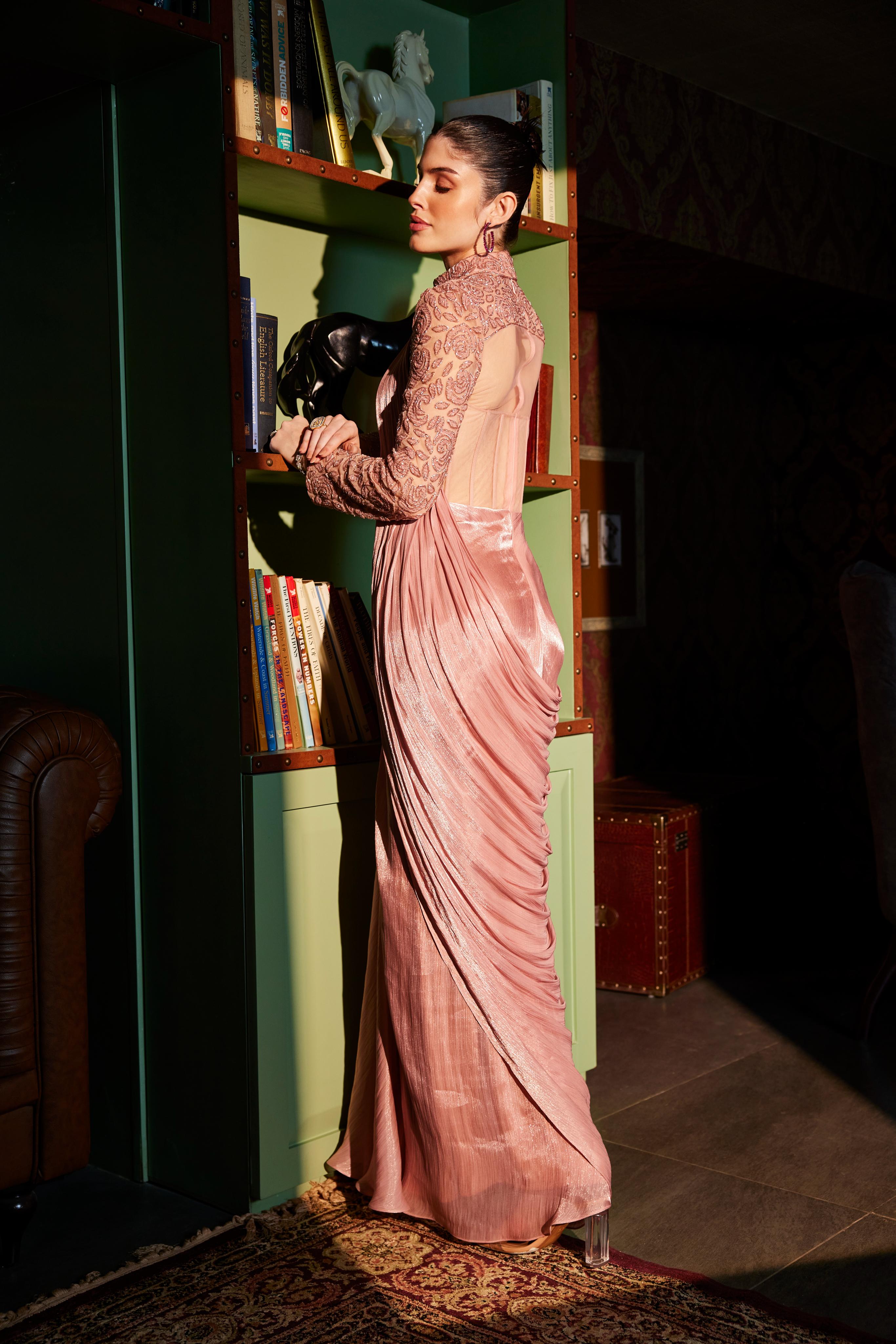 Nude Pink Full Sleeve Corset Draped Embellished Saree