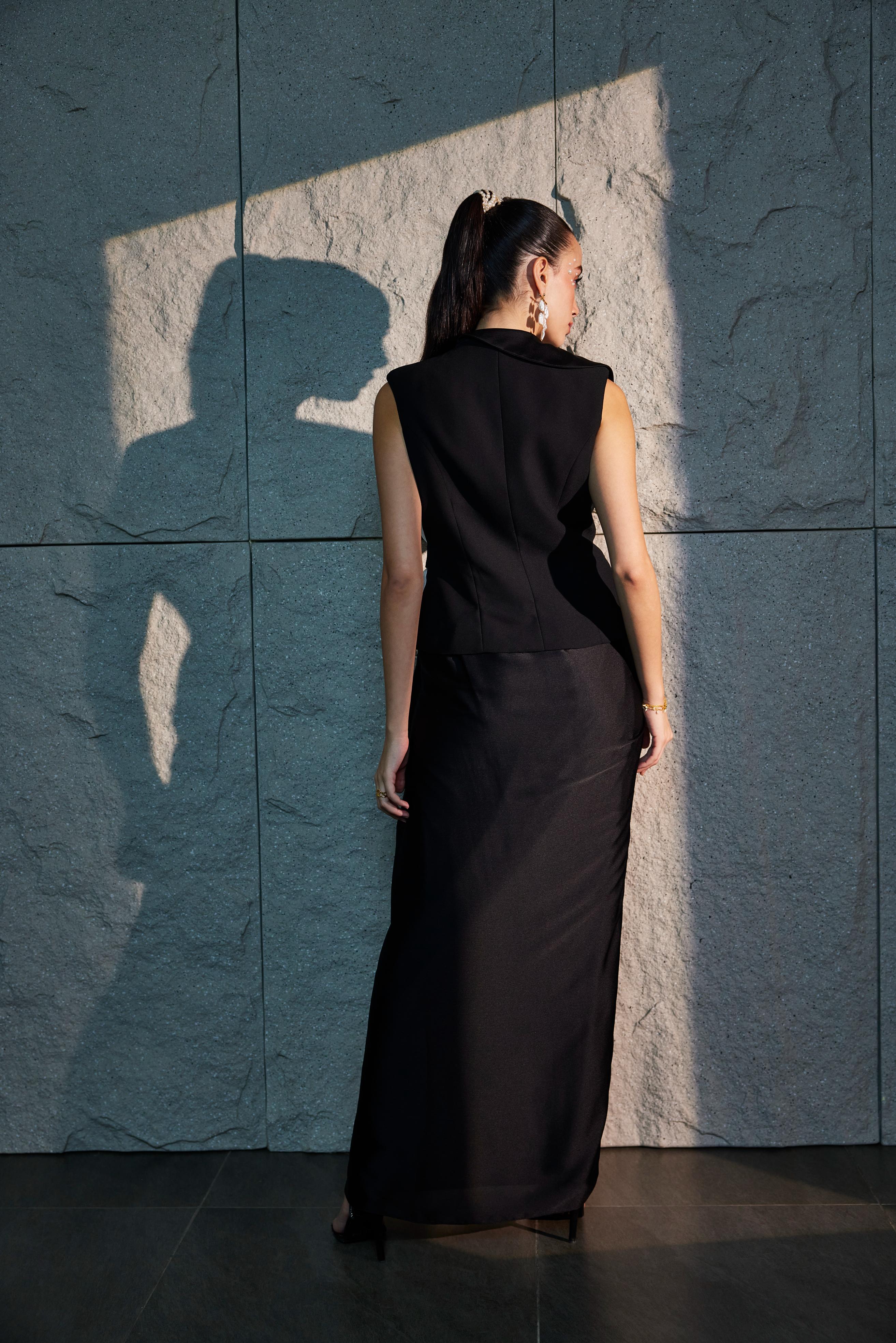 Rich Black & Ivory Semi Drapped  Top With Asymmetrical Skirt