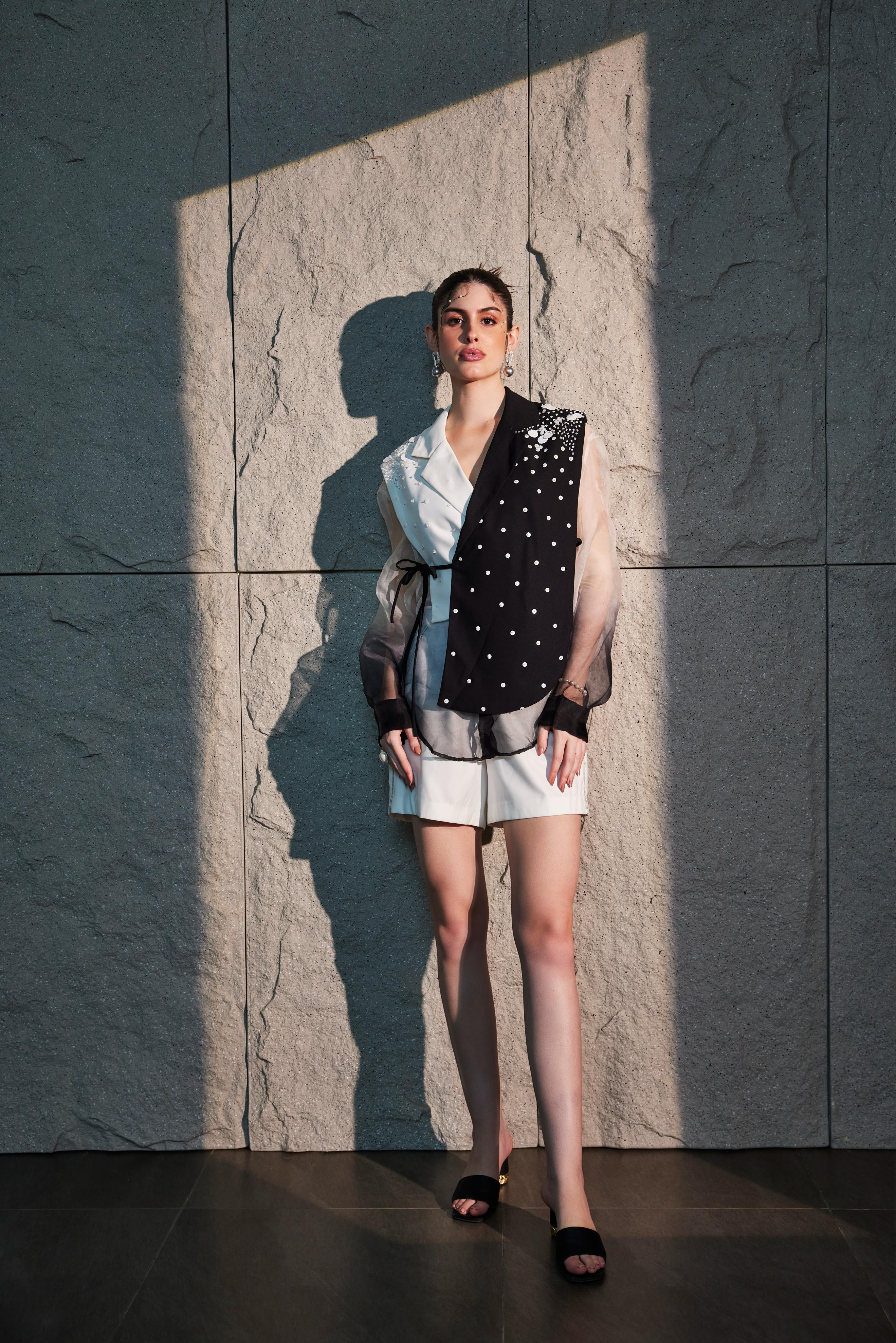 Rich Black  & Ivory Oversized Waistcoat  Ombre Shirt