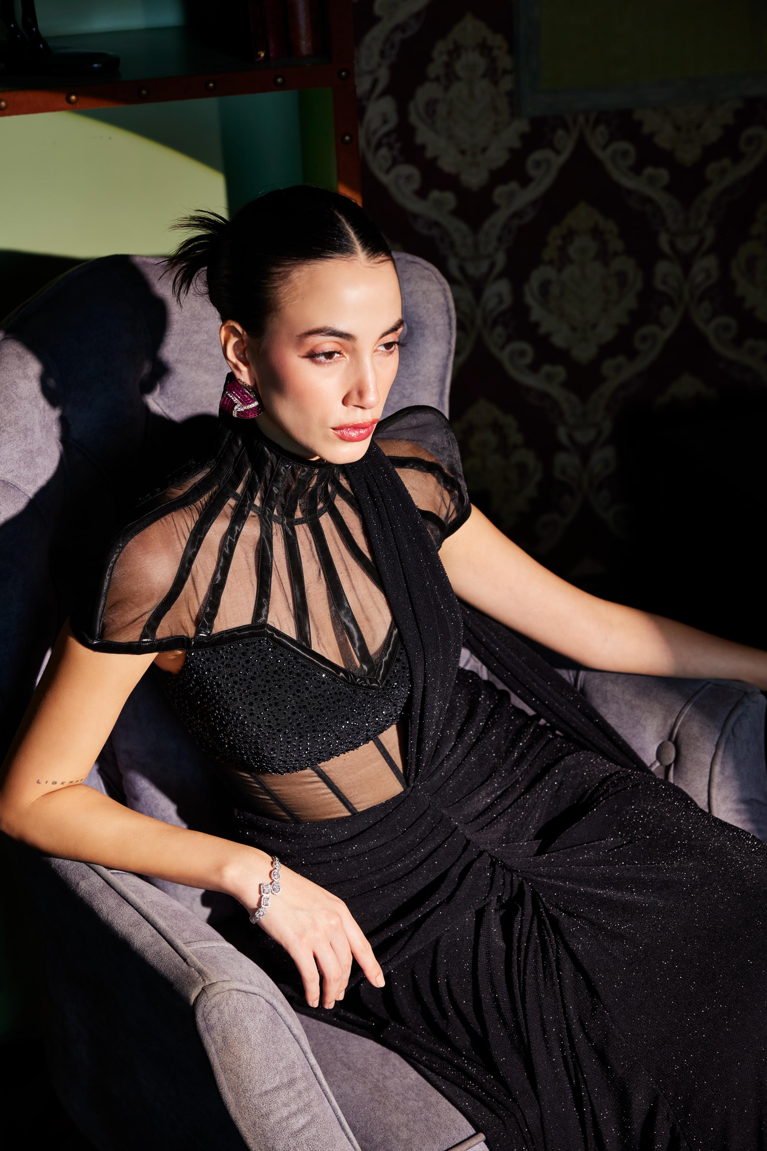 Rich Black Pre Draped Saree With Turtle Neck Corset Blouse