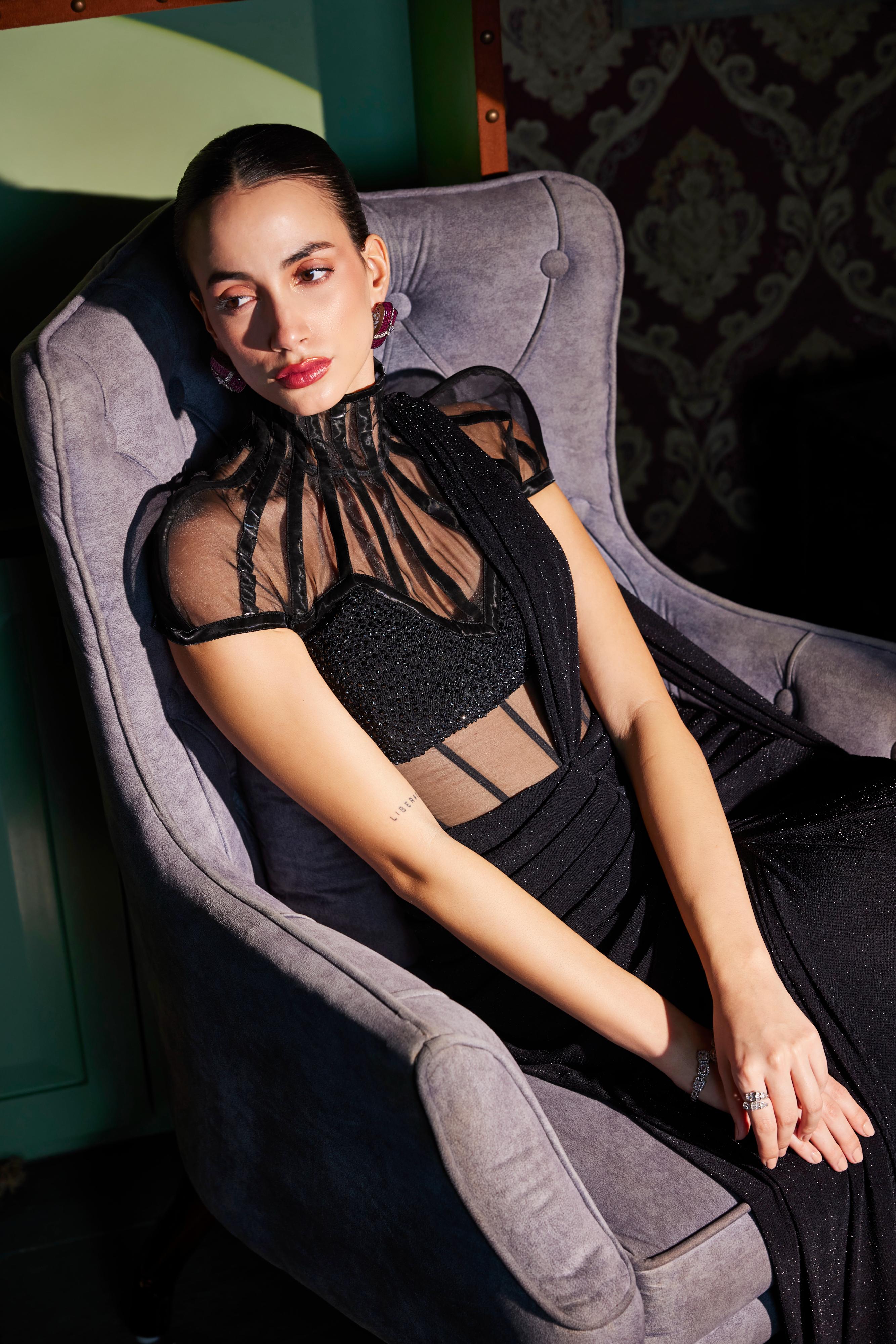 Rich Black Pre Draped Saree With Turtle Neck Corset Blouse