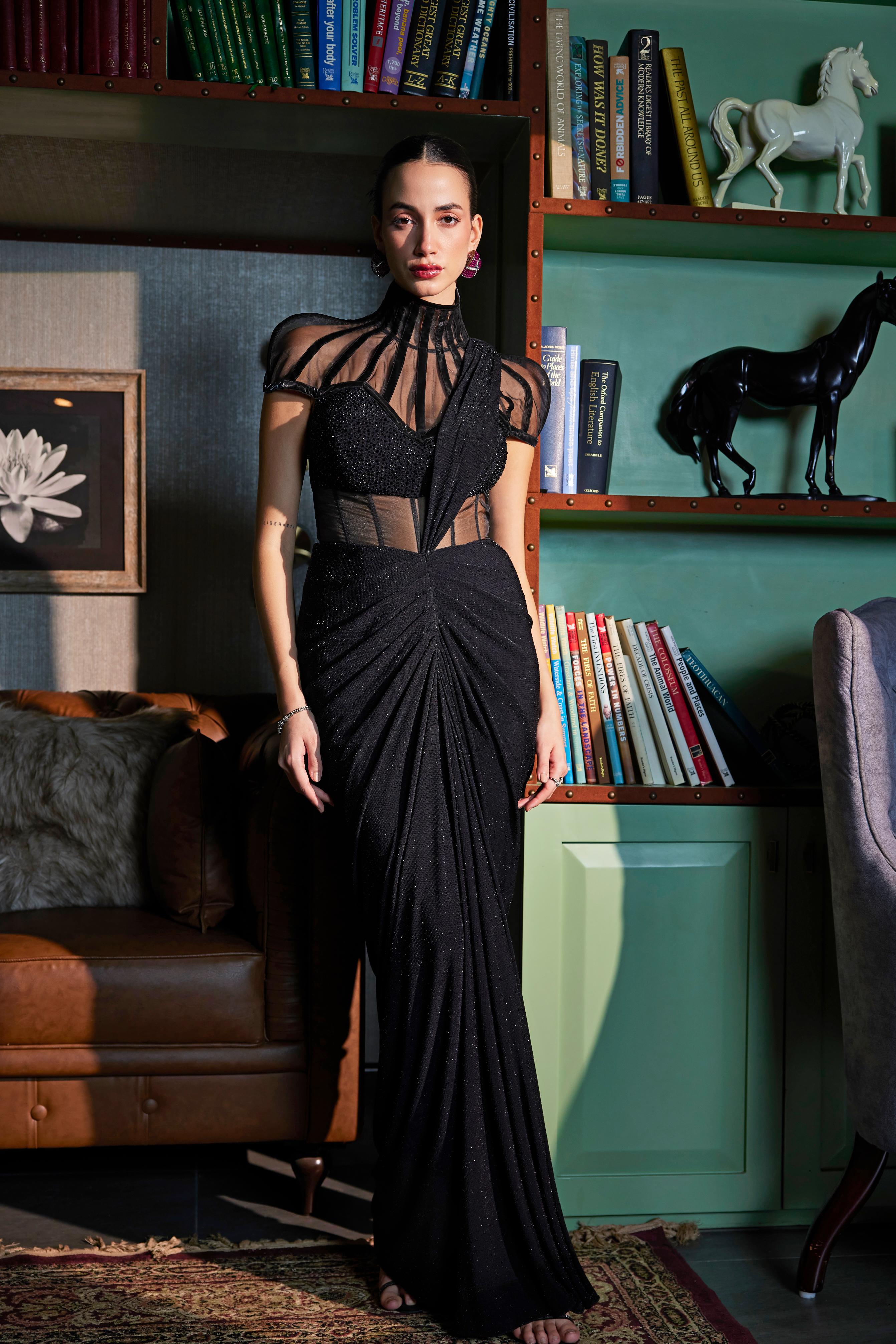 Rich Black Pre Draped Saree With Turtle Neck Corset Blouse