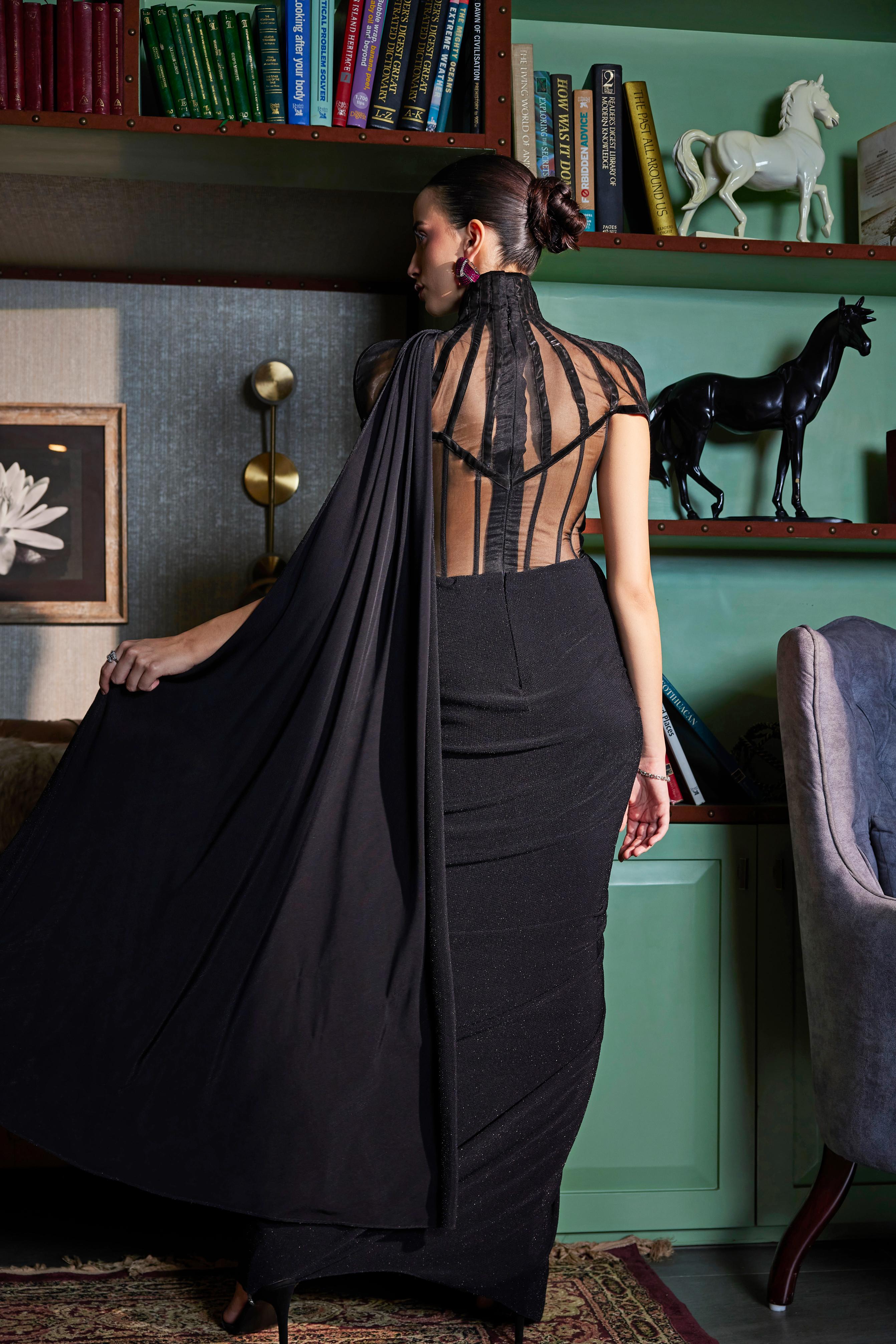 Rich Black Pre Draped Saree With Turtle Neck Corset Blouse
