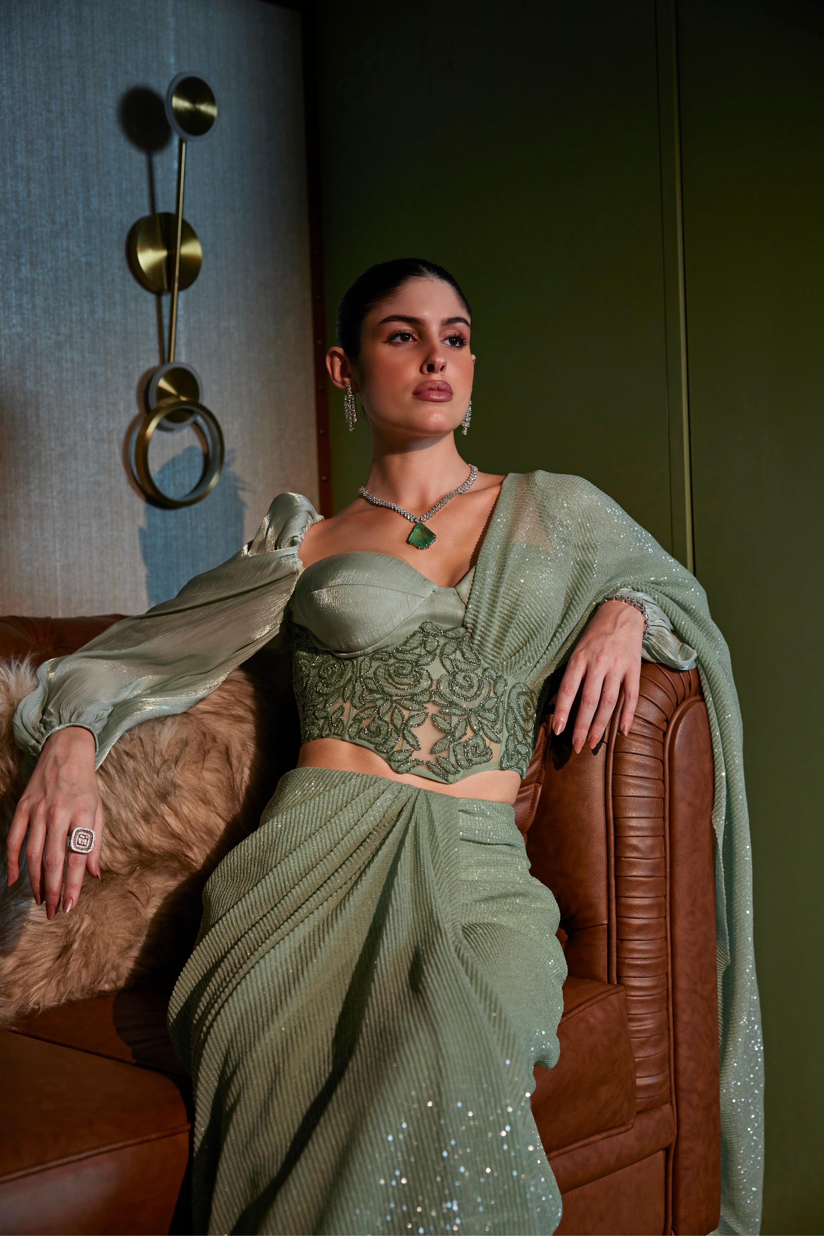 Sage Green  Pre Draped Corset Saree