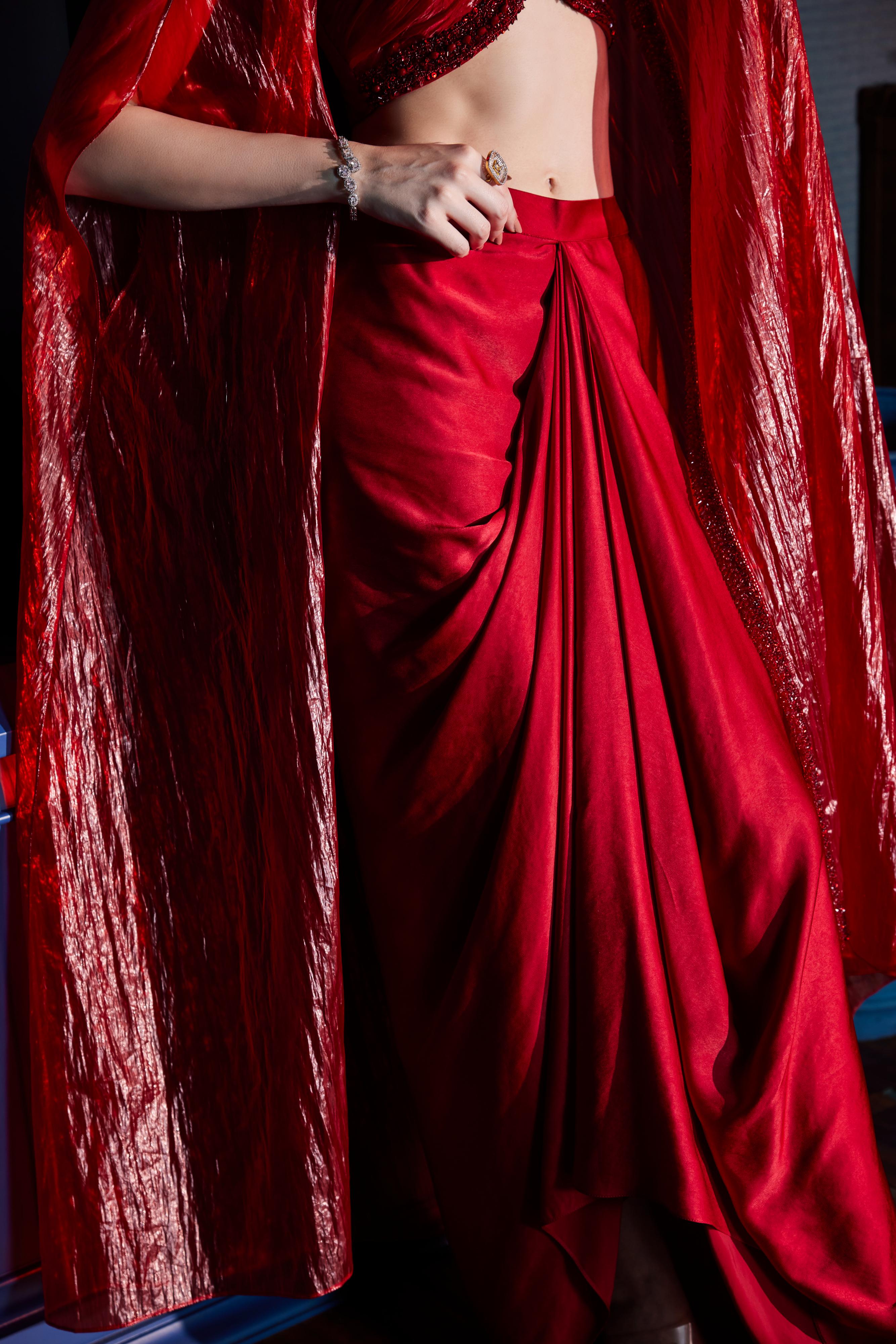 Scarlet Red Halter Neck  Blouse With Asymmetrical Skirt & Sheer Cape