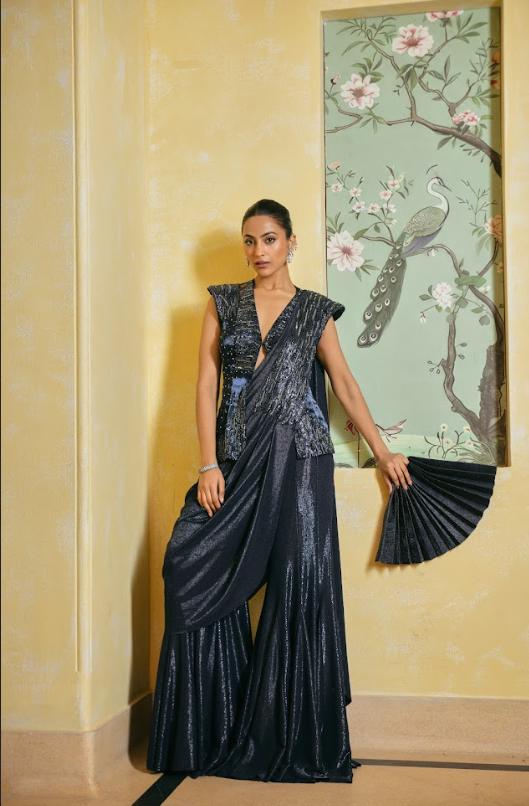 Imperial Blue Jacket Sharara Saree