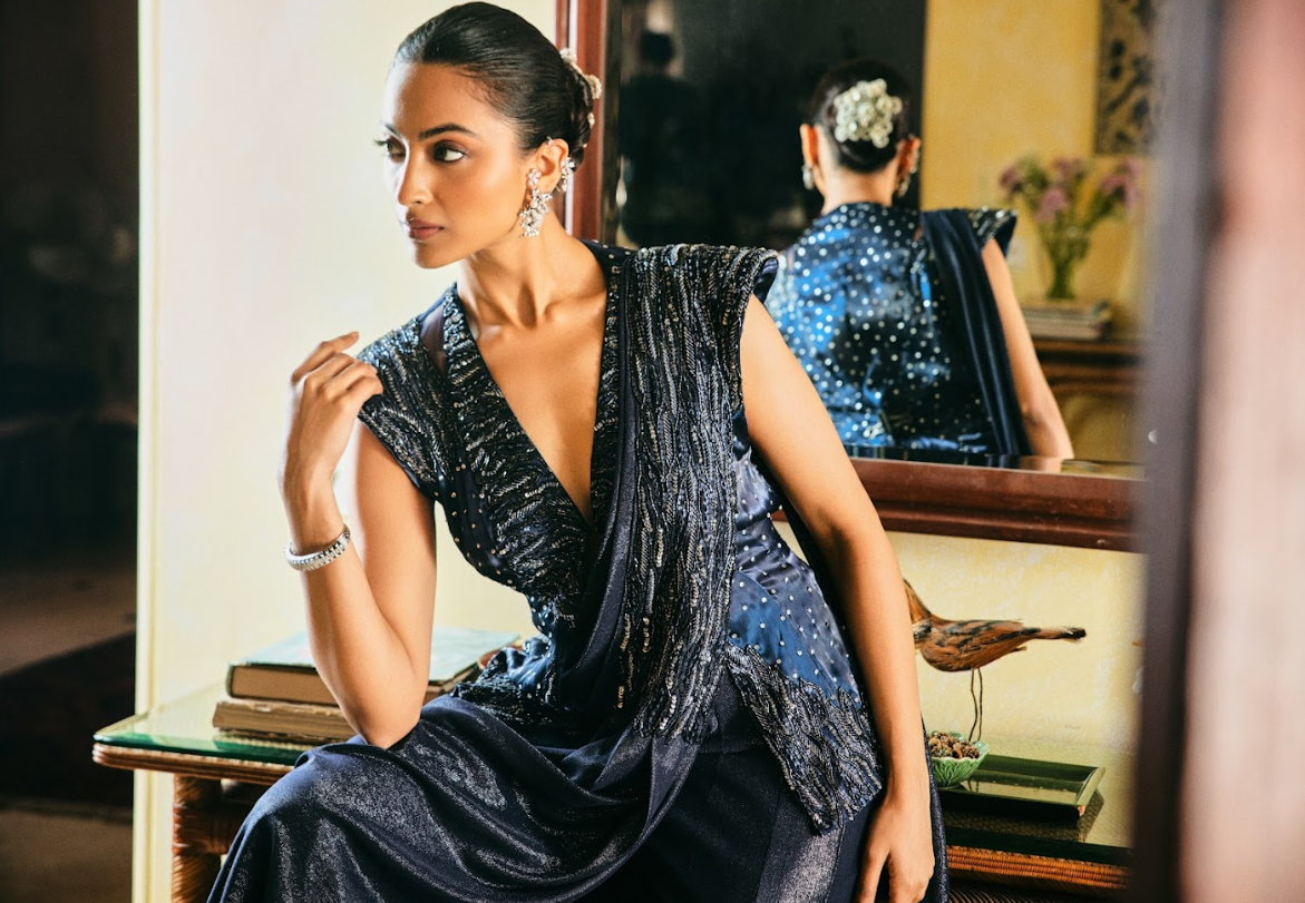 Imperial Blue Jacket Sharara Saree
