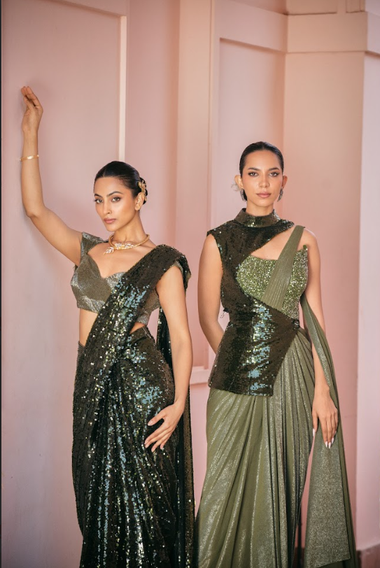 Olive Sequin Drape Saree Set