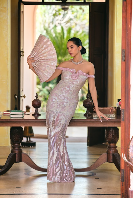 Blush Off-Shoulder Sequin Gown