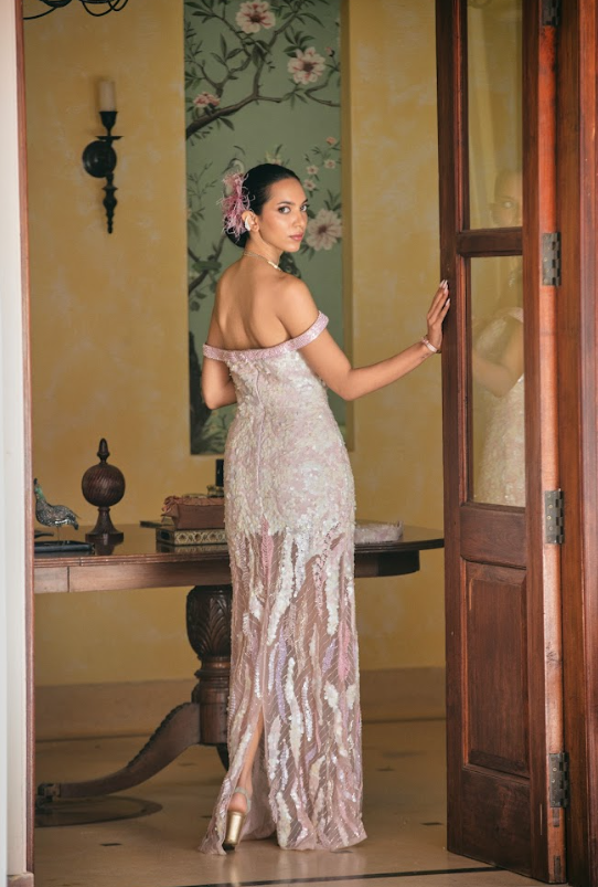 Blush Off-Shoulder Sequin Gown