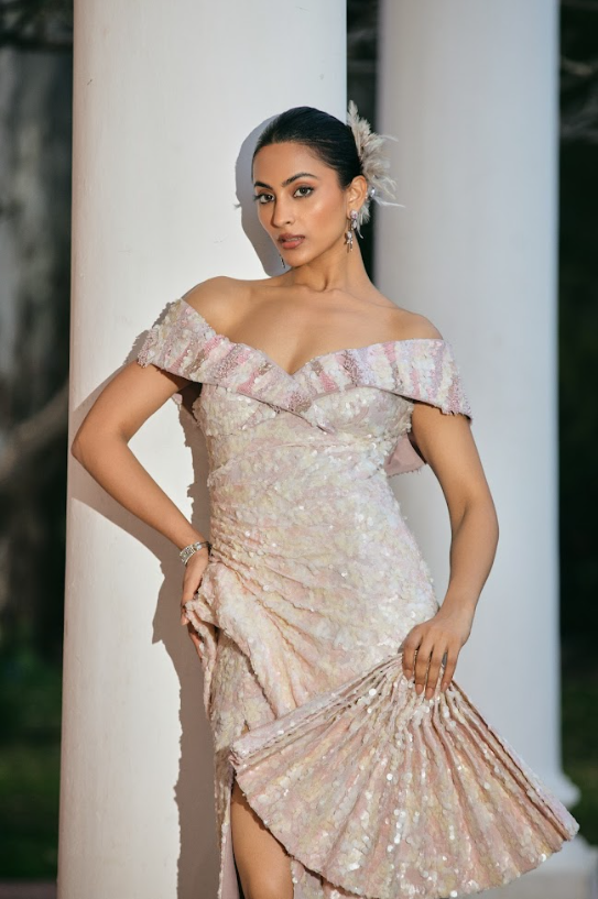 Blush Off-Shoulder Draped Gown