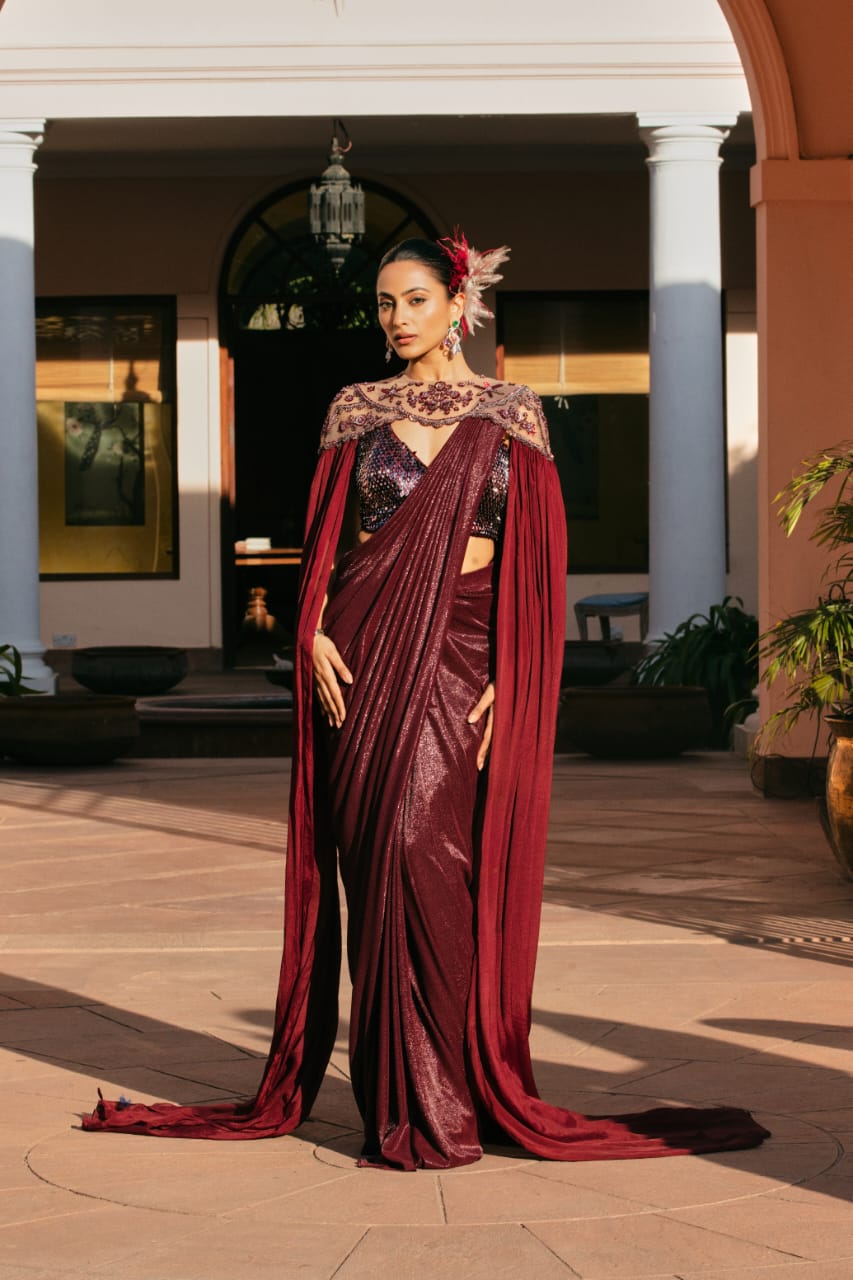 Wine Cape Drape Saree Set