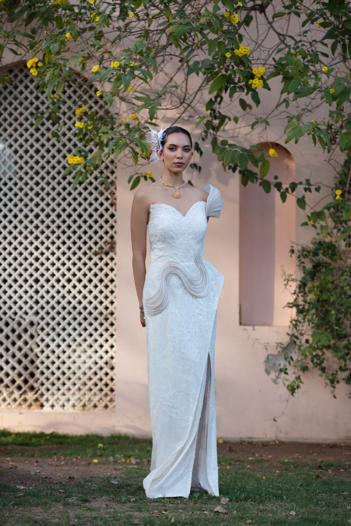 Ivory One-Shoulder Embroidered Gown