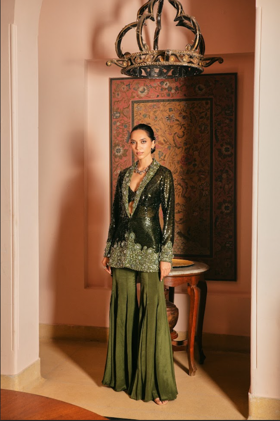Olive Embroidered Sharara Jacket Set