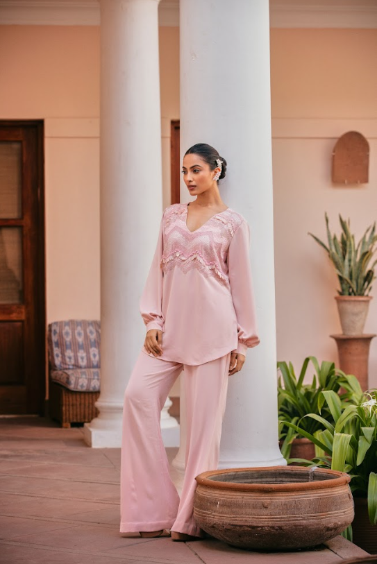 Blush Embroidered Shirt Set