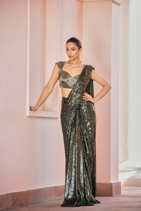 Olive Sequin Drape Saree Set