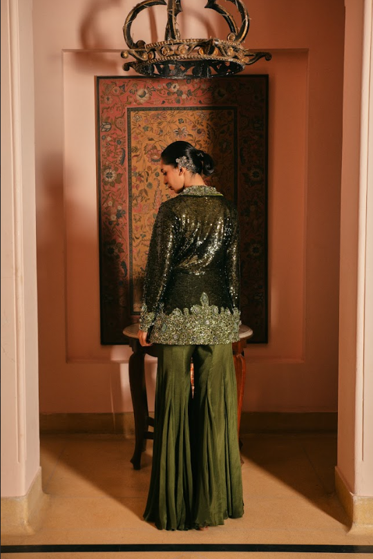 Olive Embroidered Sharara Jacket Set