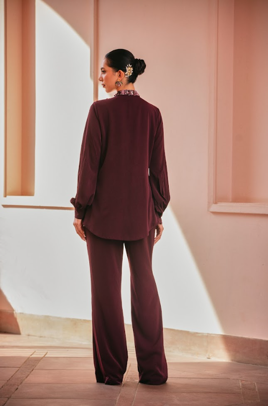 Wine Embroidered Yoke Shirt Set