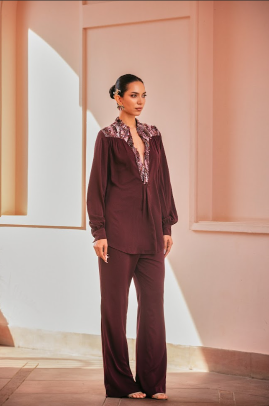 Wine Embroidered Yoke Shirt Set